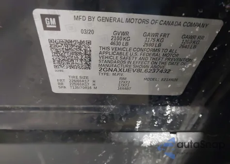 2020 Chevrolet Equinox Awd Lt 1.5L Turbo z USA, uszkodzony, nr VIN 2GNAXUEV8L6237432